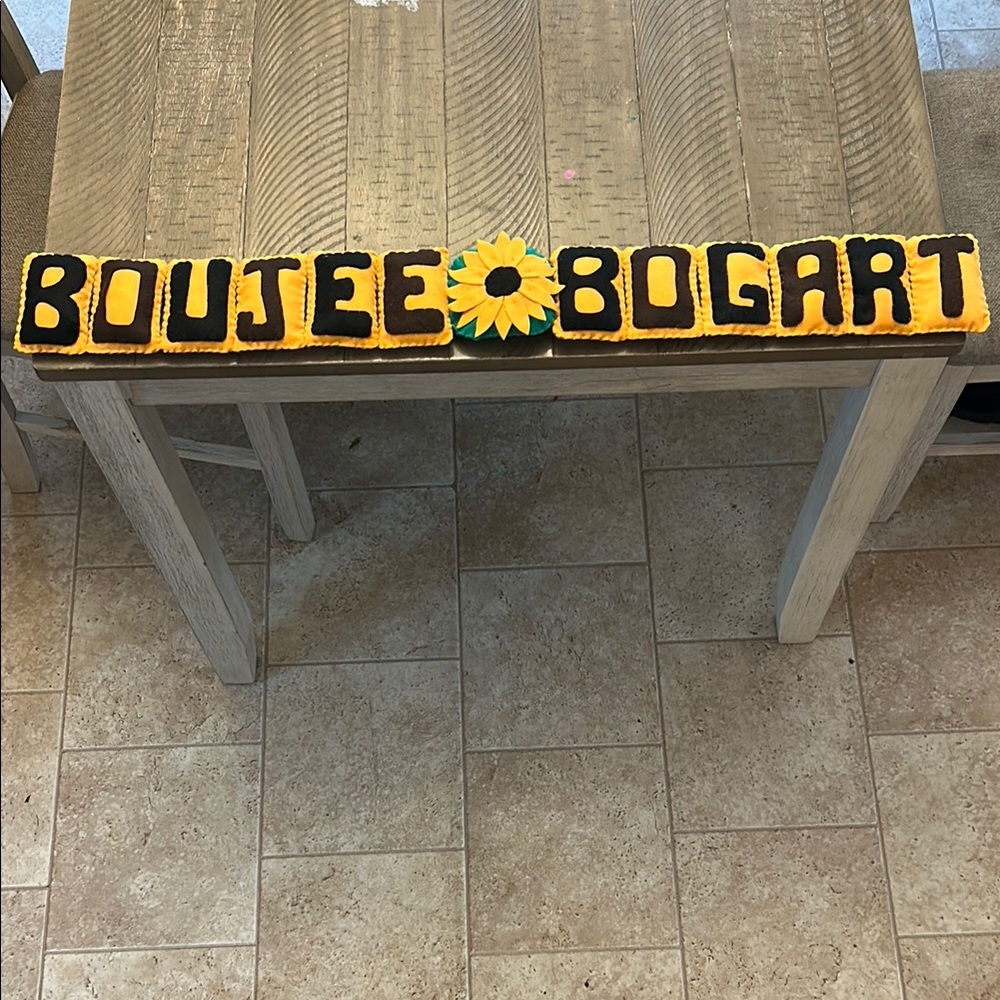 Custom Black & Yellow felt pillow sign with 12 letters and one sunflower accent